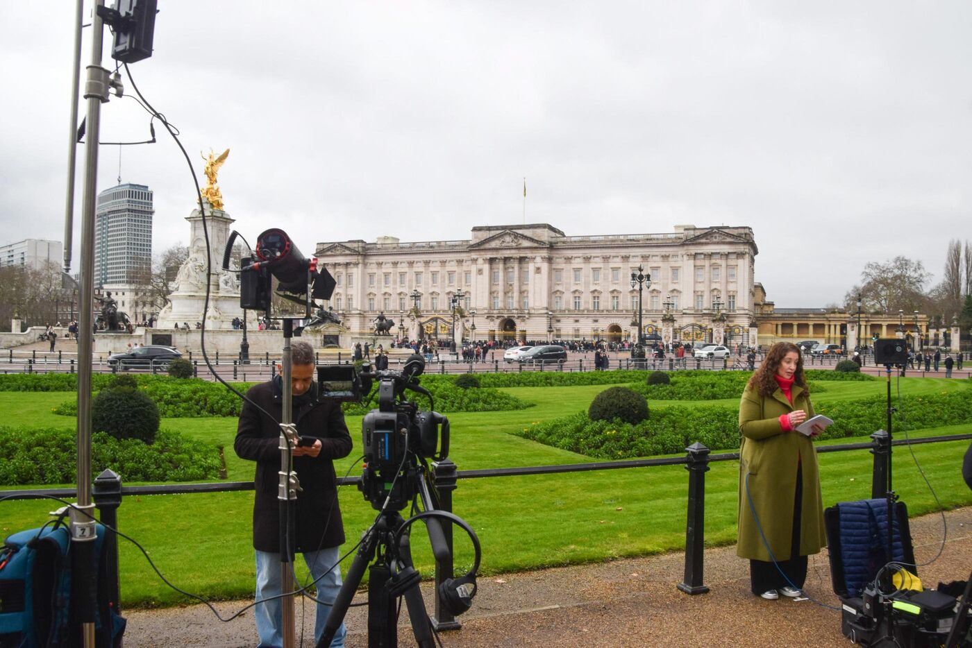 Media Outside Buckingham Palace As Andrew Mountbatten-Windsor Is Arrested